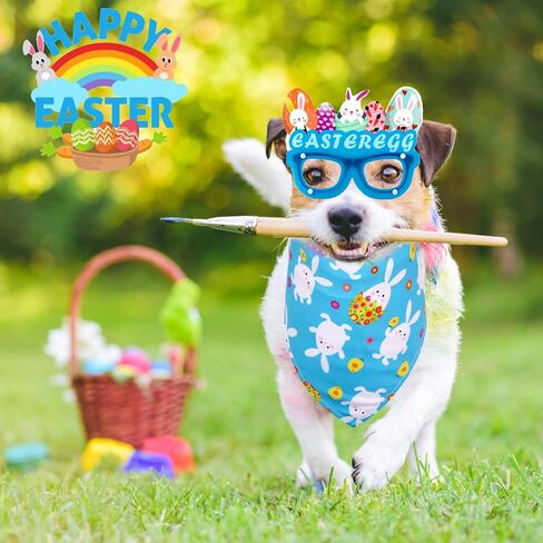 Easter Dog Bandana 2 Pack Rabbit Egg Glasses Frame Triangle Scarf Set for Boy and Girl, Easter Dog Costumes for Medium Puppy Cats Party Supplies Eyeglasses Easter Photo Props Accessory (Blue) in Saudi Arabia