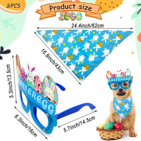Easter Dog Bandana 2 Pack Rabbit Egg Glasses Frame Triangle Scarf Set for Boy and Girl, Easter Dog Costumes for Medium Puppy Cats Party Supplies Eyeglasses Easter Photo Props Accessory (Blue) in Saudi Arabia