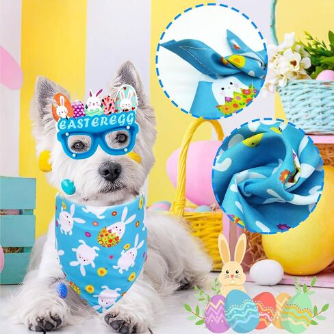 Easter Dog Bandana 2 Pack Rabbit Egg Glasses Frame Triangle Scarf Set for Boy and Girl, Easter Dog Costumes for Medium Puppy Cats Party Supplies Eyeglasses Easter Photo Props Accessory (Blue) in Saudi Arabia