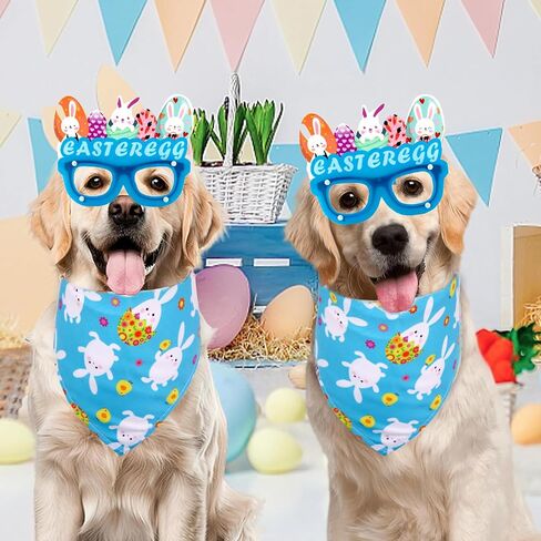 Easter Dog Bandana 2 Pack Rabbit Egg Glasses Frame Triangle Scarf Set for Boy and Girl, Easter Dog Costumes for Medium Puppy Cats Party Supplies Eyeglasses Easter Photo Props Accessory (Blue) in Saudi Arabia