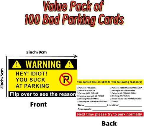 Bad Parking Cards, 100Pcs HEY IDIOT YOU S*CK AT PARKING Cards, 3.5"x2" Learn to Park Cards with Multi Reasons for Bad Parking, Funny Car Accessories Business Cards Gift for Adults in Saudi Arabia