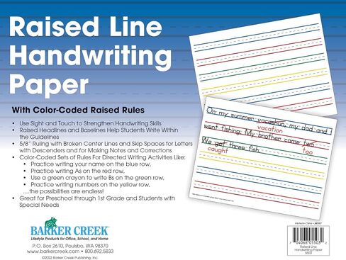Barker Creek Raised Line Handwriting Paper, Use Sight and Touch to Strengthen Handwriting Skills with Color-Coded Raised Rules, 8.5'' x 11'', 50 Sheets per Pkg (5503) in Kuwait
