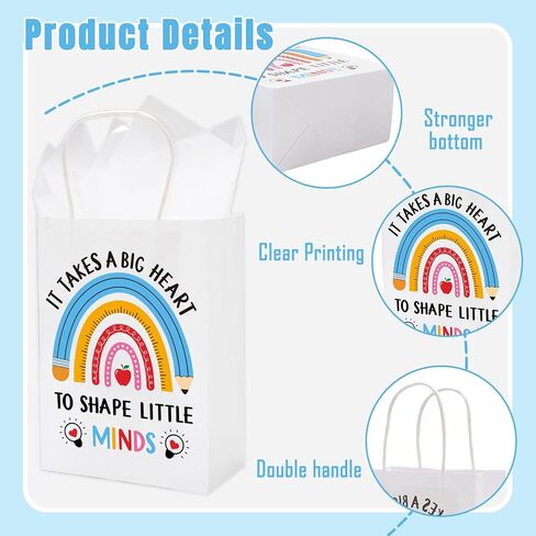 Whaline 24Pcs Teacher Appreciation Kraft Paper Bags with 30 Sheet Tissue Paper Thank You Teacher Gift Bags with Handles Candy Treat Bags for Teachers' Day Back to School Party Favors Supplies in Saudi Arabia