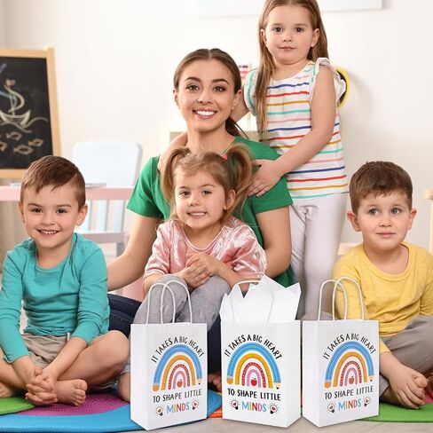 Whaline 24Pcs Teacher Appreciation Kraft Paper Bags with 30 Sheet Tissue Paper Thank You Teacher Gift Bags with Handles Candy Treat Bags for Teachers' Day Back to School Party Favors Supplies in Saudi Arabia