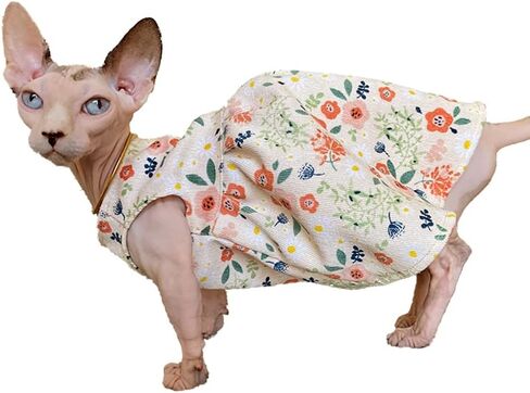 Hairless Cat Clothes - Breathable Spring Autumn Cotton Corduroy Dress with Floral Print Skirt Elegant Romantic Girly Vest Soft Strap Tank Top for Sphynx, Cornish Rex, Devon Rex, Peterbald (M) in Kuwait