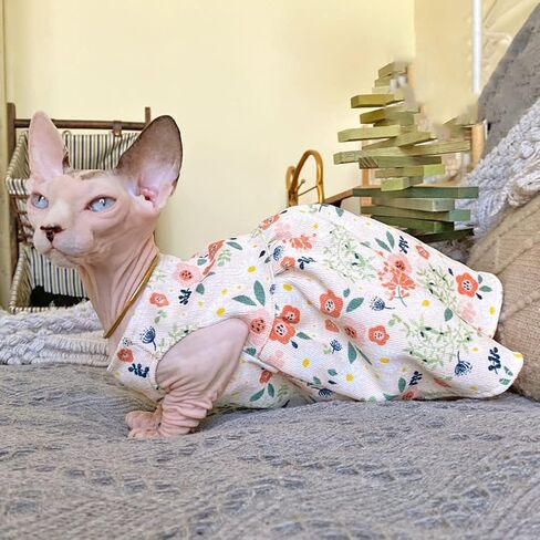 Hairless Cat Clothes - Breathable Spring Autumn Cotton Corduroy Dress with Floral Print Skirt Elegant Romantic Girly Vest Soft Strap Tank Top for Sphynx, Cornish Rex, Devon Rex, Peterbald (M) in Kuwait