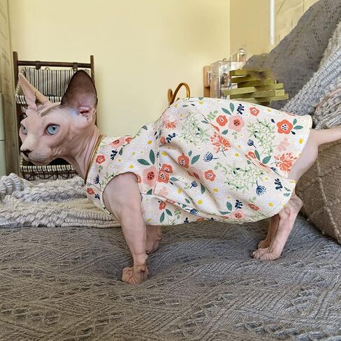 Hairless Cat Clothes - Breathable Spring Autumn Cotton Corduroy Dress with Floral Print Skirt Elegant Romantic Girly Vest Soft Strap Tank Top for Sphynx, Cornish Rex, Devon Rex, Peterbald (M) in Kuwait