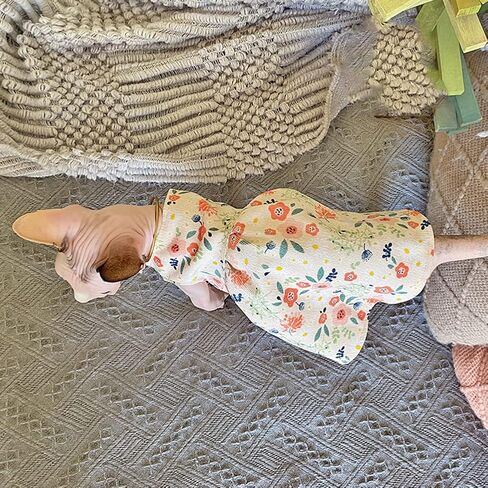 Hairless Cat Clothes - Breathable Spring Autumn Cotton Corduroy Dress with Floral Print Skirt Elegant Romantic Girly Vest Soft Strap Tank Top for Sphynx, Cornish Rex, Devon Rex, Peterbald (M) in Kuwait