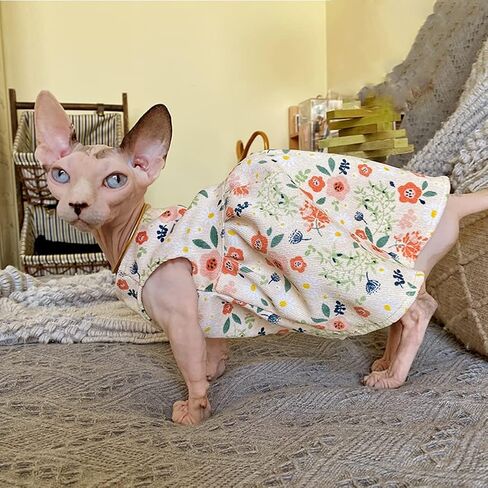 Hairless Cat Clothes - Breathable Spring Autumn Cotton Corduroy Dress with Floral Print Skirt Elegant Romantic Girly Vest Soft Strap Tank Top for Sphynx, Cornish Rex, Devon Rex, Peterbald (M) in Kuwait