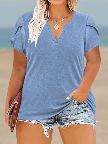 VISLILY Plus-Size-Tops for Women Casual Petal Sleeve T Shirts Summer V Neck Loose Comfy Tee in Kuwait