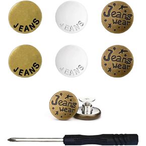 6 Sets Jeans Button Replacement, 17mm No Sewing Adjustable Metal Jean Buttons for Loose Jeans – Removable Jean Buttons Replacement Repair Kit with Threads Rivets and Screwdriver