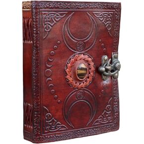 A5 Brown Triple Moon Leather Journal | نمور العين حجر في الأعلى | 200 صفحات عتيقة- تسرب مقاوم | إغلاق قفل النحاس C | مجلة جلدية نقية |