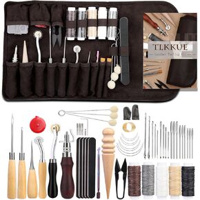 TLKKUE 55 PCS أدوات عمل جلدية ، مجموعة من الجلود مع حقيبة لفة ، خيوط غرز Groyl