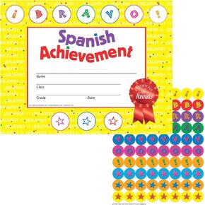 Hayes Spanish Achievement Certificates & Reward Seals Set, Classroom Incentives for Student Recognition & Achievement Awards, 8.5" x 11" - 30 Certificates, 160 Reward Seals, Instructor Guide