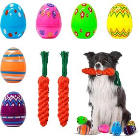 8PCS Easter Dog Toy Set - 2 Durable Carrot Rope Chew Toys and 6 Sniff Training Eggs, Interactive Puppy Toys for Small/Medium/Large Dogs, Easter Gift Supplies with Treat Pockets (Colorful Design)