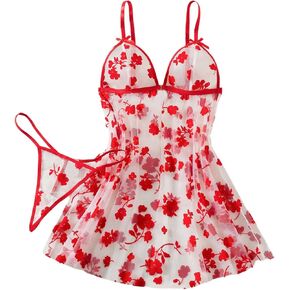 Women's 2 Piece Lingerie Set Sheer Mesh Floral Print Nightgown Babydoll Lingerie with Thong
