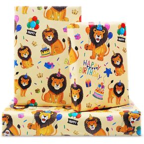 ورقة غلاف الأسد لأطفال الصبي ، Lion Safari Jungle Party Baby Lion King مع قبعة عيد ميلاد وورقة تغليف البالون 6 صفائح Fold 20x28 بوصة لكل ورقة ، ولف هدية الأسد لحفلة عيد الميلاد