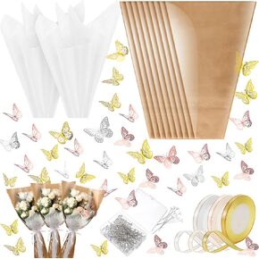 Humon 271 PCS Flower Flower Flows for Bouquet 14 × 22 بوصة باقة زهرة التغليف الأكمام الزهرية بأكمام باقة مع شرائط زخرفة الفراشة غراء دبوس دبوس DIY الحرف الكبيرة الحجم