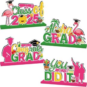 4pcs زخارف حفل التخرج من هاواي ديكورات تخرج الجدول الزخارف الخشبية المركزية تهنئة الجدول الجدول Topper Photo Prop