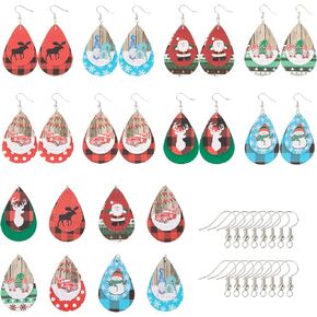 SUNNYCLUE 1 Box DIY 8 Pairs Christmas Faux Leather Earrings 2 Layered Xmas Leather Pendants Faux Leather Teardrop Long Dangle Earrings & Earring Hooks for DIY Jewerly Making Xmas Earrings