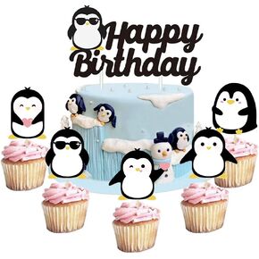 25pcs Penguin كعكة عيد ميلاد الديكور البطريق كب كيك أعلى القبعات Penguin الحفلات لوازمة البطريق زخارف الشتاء OneDerland عيد ميلاد