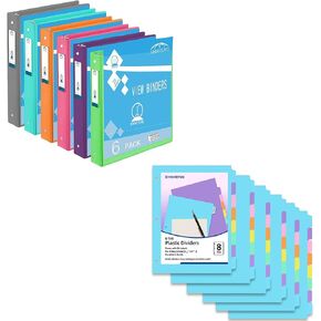 6 Pack 1 Inch Colored Binder & 6 Sets 8 Tab Binder Dividers