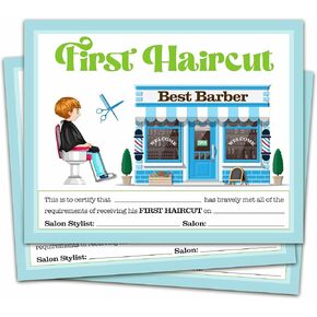 My First Haircut Certificate, Blue Best Barber Award Certificates of Hair Cutting, First Haircut Keepsake Gifts for Kids Children Baby Boy Little Man, 25 Pcs Awards Certificates -02