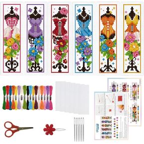 ORIGACH 6 Pcs Cross Stitch Bookmark Kit for Beginner Adults, Mannequin with Flowers Stamped Embroidery Bookmark Kit with Instruction for Starters Printed Cross Stitch DIY Kits for Book Lovers