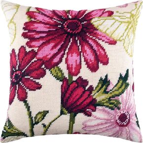 Brvsk Floral Stamped Cross-Stitch Kit for Adults and Beginners — Asters 16″ × 16″ with Clear, Precise Printed Design on Cotton Canvas; Includes 2 Needles, Yarn, and Easy-Read Chart