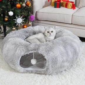 Cat Tunnel Bed with Washable Cushion, Cat Tunnels for Indoor Cats, Collapsible Donut Tunnel for Medium & Large Cat, Peekaboo Cave Toy, Tie-dye Gray