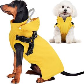 Slowton Dog Rainproof مقاوم للماء - سترة المطر الكلب مع تسخير وغطاء محرك السيارة خفيف الوزن ، معطف المطر الكلاب العاكسة للكلاب الكبيرة الكلاب الصغيرة الفتاة بوي جرو للحيوانات الأليفة (أصفر ، ل)