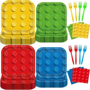 Obusatt 96pcs لبناء لبنة اللوازم الحفلات بناء لوحات الطوب تحت عنوان لوحات الحفلات والمناديل كتل ملونة الطوب لوحات عشاء مربعة لوراء لحفل عيد الميلاد لصالح اللوازم خدمة 24 ضيف