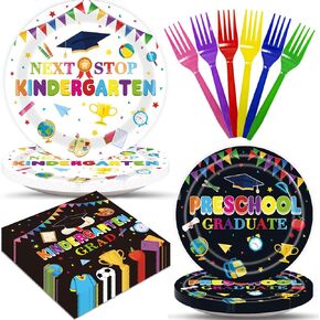 96pcs التخرج من أدوات التخرج من أدوات المائدة المخصصة لمرحلة ما قبل المدرسة ما قبل Krad Party Supplies التخرج من رياض الأطفال تشمل شوكات منديل اللوحة لصالح تزيين حزب الدراسات العليا ، ويخدم 24