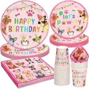 96 PCS Party Party Plates and Curs and Fedical Tets ، Dog theme Plage Paper Paper ولوازات حفلات المناديل ، مجموعات أدوات المائدة التي يمكن التخلص منها تقدم لـ 24 ضيفًا ، جروًا ورديًا ، لطيفًا
