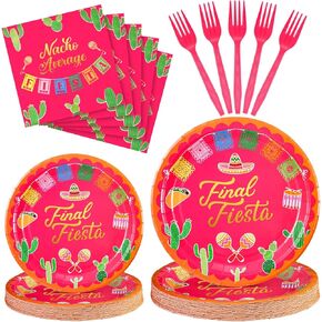 96 Pcs Final Fiesta Bachelorette Party Tableware Set Includes 7'' 9'' Paper Cactus Plates Napkins Forks Mexican Independence Day Supplies Cinco De Mayo Party Favos for 24 Guests