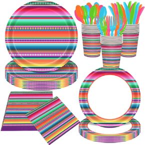 140pcs Mexican Fiesta Party Supply Plats Colorful Mexico Stripes Plates and Napkins Mexican Serape Tablemon