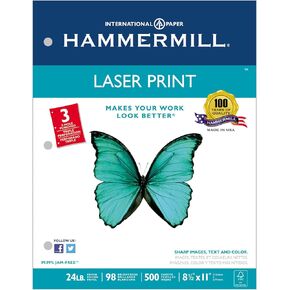 Hammermill 107681 Laser Print Office Paper ، 3 ثقب ، 98 سطوع ، 24 رطل ، LTR ، أبيض ، 500/RM