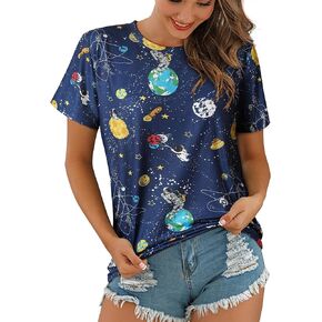 Ezcosplay Women Short Sleeve Space Shuttle Astronaut Universe Galaxy T-Shirt Graphic Shirt Casual Tee Tops in Kuwait