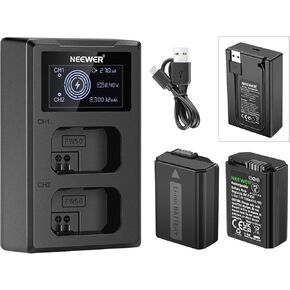 Neewer NP-FZ100 Replacement Battery Charger Set, Compatible with Sony ZV-E1, FX3, A1, A9 II, A7R V, A7S III, A7 IV, A7C, 2-Pack 2280mAh Li-ion Batteries, Dual USB Charger with LCD Screen, USB-C Cable