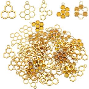 Sunnyclue 1 Box 60pcs 5 Styles Bee Charms Honeycomb Charms Bulk Honeycomb Monamel Charm Mini Honeycomb Charm Hollow Sweet Honey Charms for Jewelry Making Charms DIY أقراط القلادة