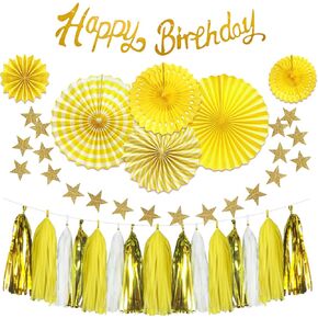 Yellow Birthday Decorations for Women - 33Pcs Yellow Party Decor for Girl with Birthday Banner & Hanging Paper Fans - Ideal for Baby Shower Honeybee Sunflower Theme Birthday Party Decoration Supplies