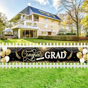 Katchon ، Xtralarge Blue and Gold Congrats Banner - 120 × 20 بوصة | علامات ساحة التخرج من 2025 | فئة لافتة غراد من 2025 | زخارف التخرج الزرقاء والذهبية 2025 | فئة 2025 ديكورات