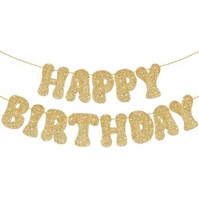 Katchon ، Glitter Gold Happy Birthday Banner Prestrung - 10 أقدام | علامة عيد ميلاد سعيد الذهب | بريق عيد ميلاد سعيد لافتة أعياد الميلاد | علامة عيد ميلاد سعيد لديكور عيد الميلاد