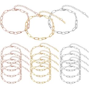 15 Pcs Charm Bracelet Chain, 18K Gold Plated Paperclip Chains Bracelets, 6.3Inch Chain Link Bracelet with Lobster Clasps, Adjustable Charm Bracelets Bulk for DIY Women Jewelry Findings Making