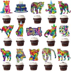 Neon Rainbow Leopard Cupcake Toppers 48pcs Leopard Birthday Party Decorations Cheetah Print Girl's Cake Cake Decoration