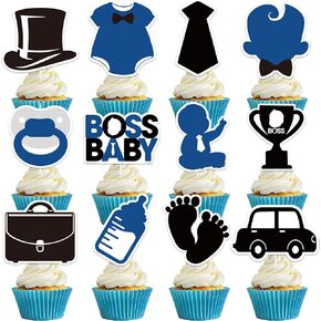 Baby Shower Cupcake Toppers - 24 Pcs Cute Boss Happy Birthday Decorations for Boys 1st Black Edible Gender Reveal Cake Supplies for Kids Blue First Party Paper Dessert Insert Picks Decors