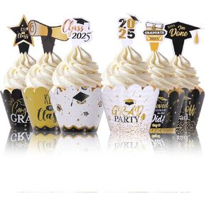 96 PCS Cupcake Cupcake Toppers Wrappers Decorations Cake Cake for Class of 2025 التخرج لوازم الحفلات (الذهب الأسود)