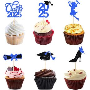 24 حزمة 2025 تهانينا مجموعة أدوات الكب كيك ، فئة التخرج اللامعة من اختيارات كب كيك لزخارف الحفلات في كلية الثانوية العليا (الأسود مع الذهب) الفتيات