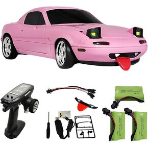 Skymaker LDRC DRIFT CAR LD1804 1/18 MAZDA MX-5 MODEL 2.4G RWD DRIFT CARS RC MIATA للبالغين مع 3 بطاريات ESP LED مصابيح LED (الوردي)
