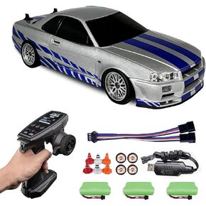 LD1899 1/18 RC Drift Car GTR R34 with 3 Upgraded 1200mah Battery 2.4GHz 150 Brushed Motor Drift RC Car Car Full Proportional with Gyroscope on-Road Alloy Body Shell Racing for 15+ (Silver)